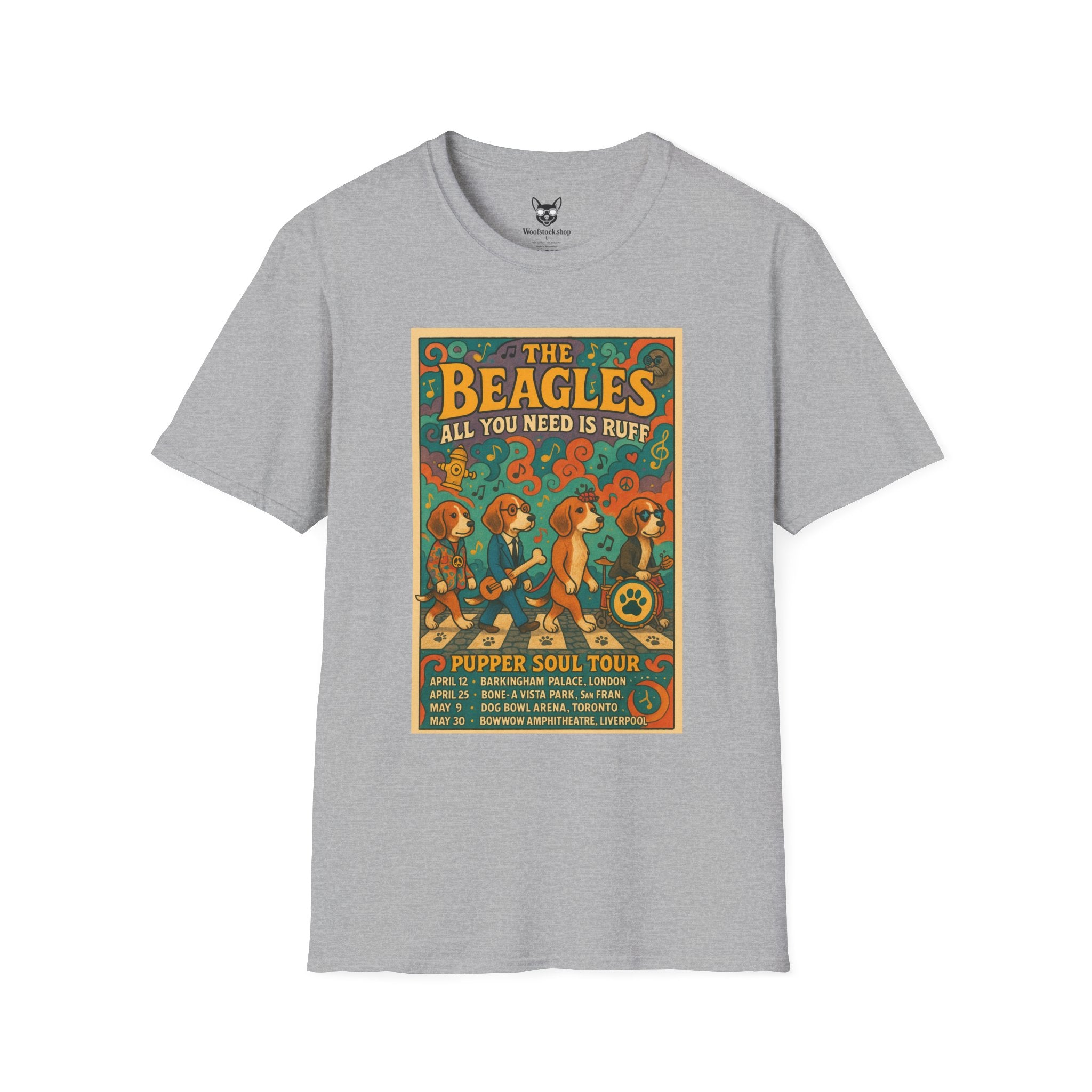 The Beatles Concert Poster Dog Parody Unisex Softstyle T-Shirt -- Funny Dog Concert Tee for Music and Dog Lovers